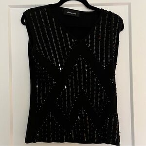 Elena Miro Silk Blend Ribbed Sequinned Beaded Ribbed V-Neck Top Blouse